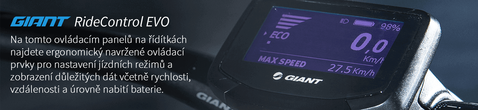 Giant RideControl EVO. Na tomto ovládacím panelů na řídítkách najdete ergonomický navržené ovládací prvky pro nastavení jízdních režimů a zobrazení důležitých dát včetně rychlosti, vzdálenosti a úrovně nabití baterie.